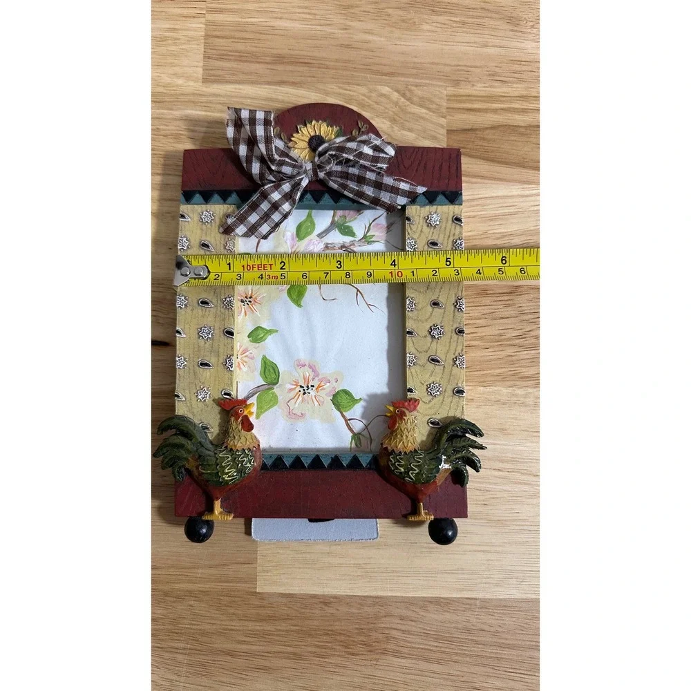 Rustic Farmhouse Rooster Wooden Picture Frame Sunflower Gingham Bow Decor